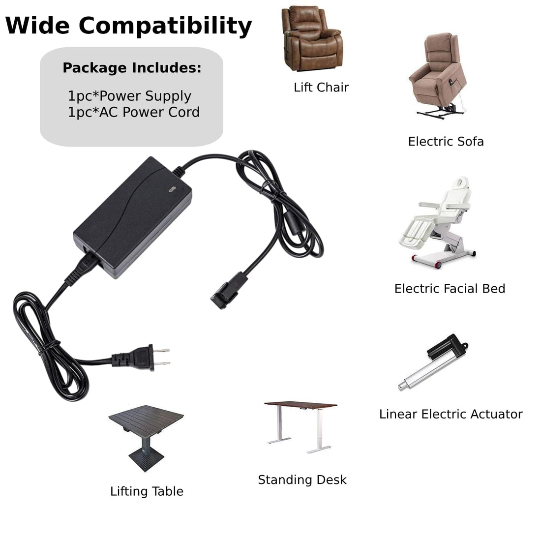 Universal Power Recliner Power Supply, 29V 2A 2 Pin AC/DC Switching Power Supply Adapter for Electric Recliner/Couch/Lift Chair/Standing Desk