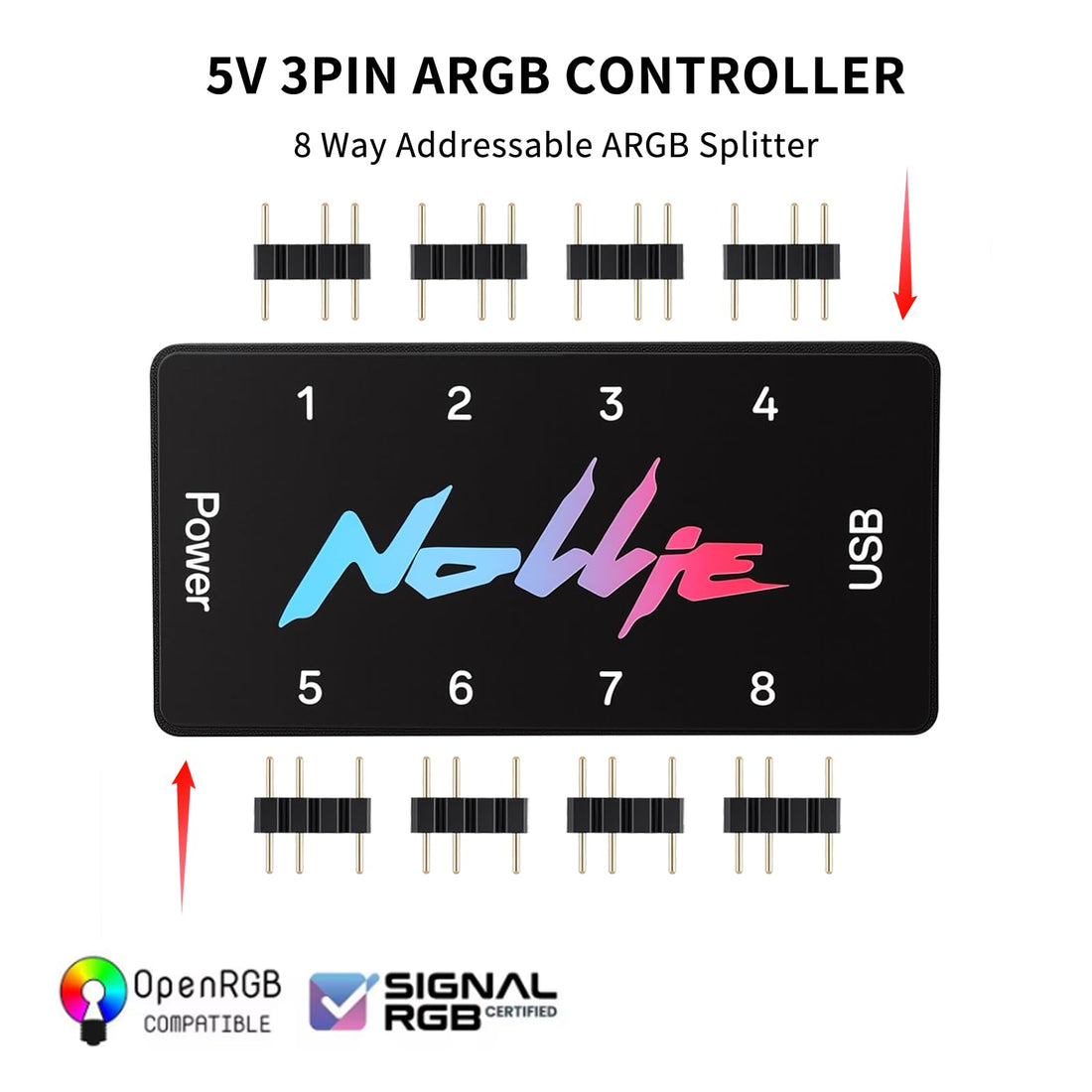 Iesooy Nollie 8 ARGB Controller Fan Hub 5v 3Pin 8 Port ARGB Interface SATA Powered Support SignalRGB OpenRGB