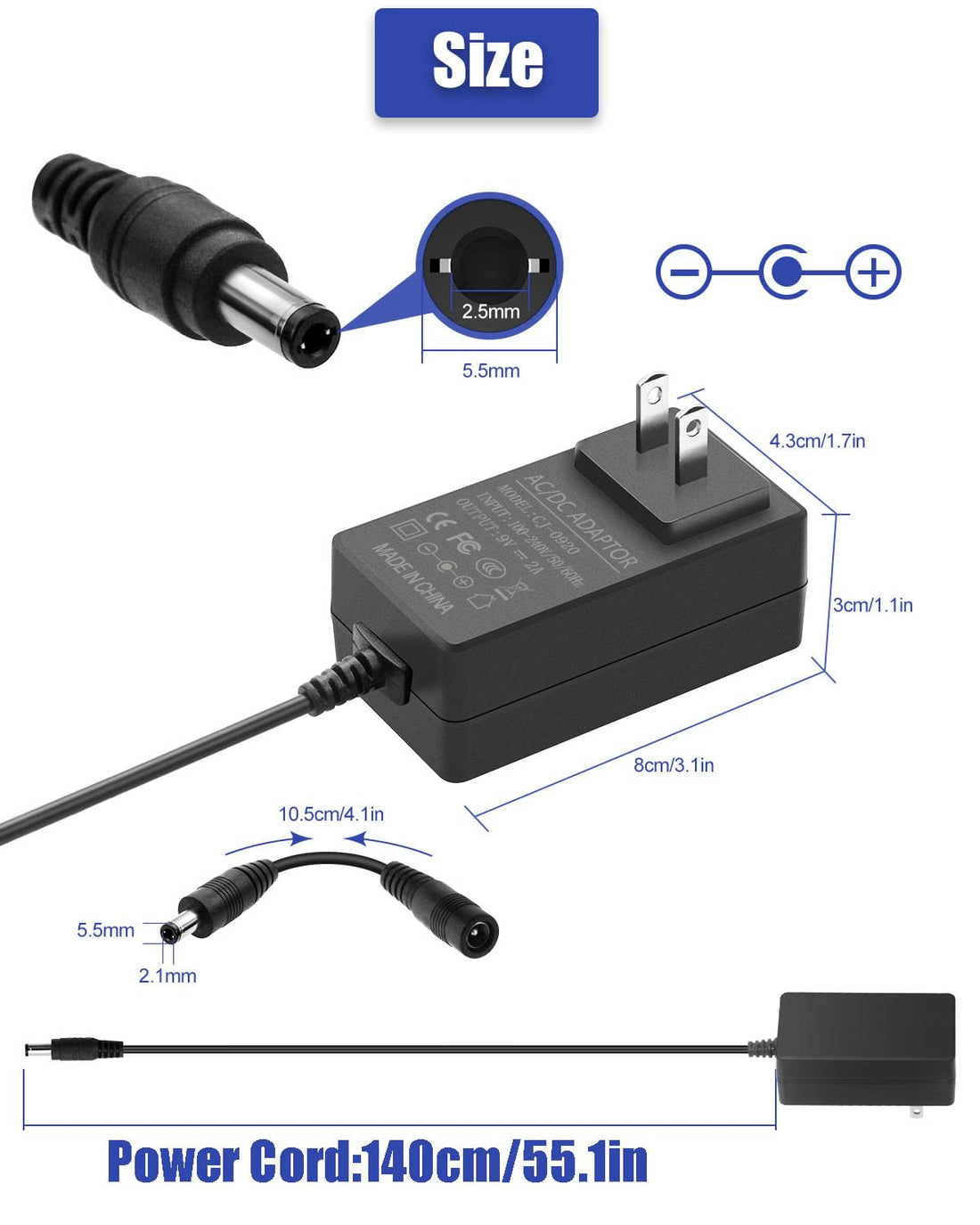 9V 2A Power Adapter DC 9V Power Cord Universal Power Supply AC 100-240V to DC 9 Volt 2 Amp 2000mA 1500mA 1000mA Adapter with 5.5x2.5mm&More 10 Tips for Speaker Cooling Fan Security Cameras