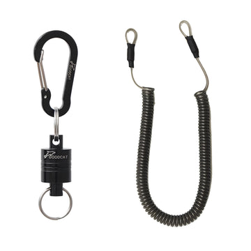 GOODCAT Strongest Magnetic Net Release Magnetic Keychain Fly Fishing Net Retractor Magnet Clip Holder Retractor with Retractable Coiled Lanyard Carabiner (Black Magnet+ Black Carabiner)