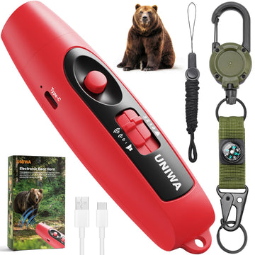 UNIWA Electronic Air Bear Horn, 120±5 dB Loud Air Horn for Safety Hiking Camping Emergency Whistle with Compass & Retractable Hook, Bear Horn to Scare Bears - Self Defense for Hiking -Red