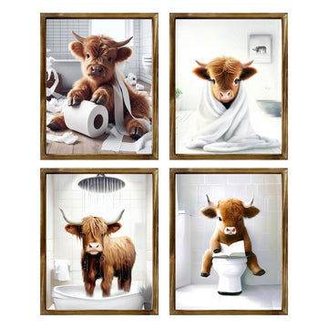 TWNSLLA Highland Cow Funny Bathroom Decor Wall Art, Bathroom Highland Cow Art Prints, Rustic Farmhouse Bathroom Wall Decor, Funny Bathroom Signs Animal Canvas Wall Art, UNFRAMED, 8x10inchx4pcs