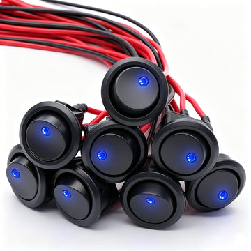 Twidec/8Pcs SPST Round Dot Lighted Rocker Switch Toggle Control for Car Or Boat 20A 12V DC On/Off Blue LED Light with Pre-soldered Wires KCD2-102N-BU-X