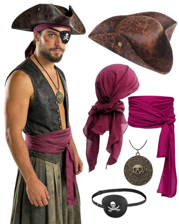 Verceco Pirate Hat Accessories Costume Set – Tricorn Hat, Sash Belt, Bandana, Eyepatch & Coin Necklace – 5PC Adult Pirate Accessories for Halloween & Ren Faire (Brown)