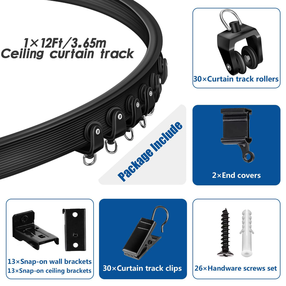 TOKPLNU Ceiling Curtain Track, 12 Ft Black Flexible Bendable Curved Curtain Rail Wall Mount Sliding Ceiling Track System Set for Bay Window, Room Divider
