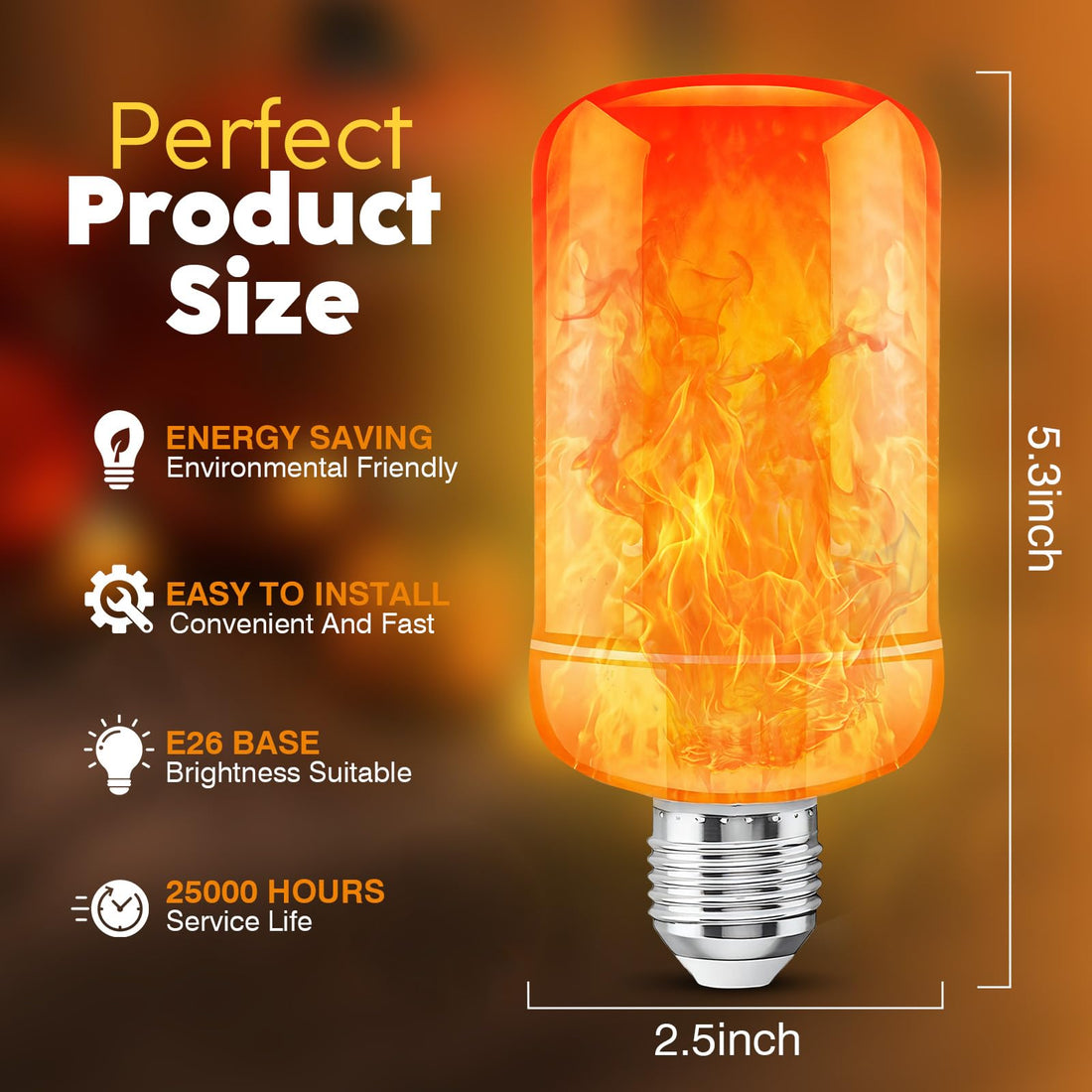 LED Flame Light Bulbs (2 Pack), 4 Modes Flickering Light Bulbs with Upside Down Effect, E26 Base Realistic LED Fire Lights for Halloween Christmas Decorations, Indoor Outdoor Party Home Decor (Yellow)