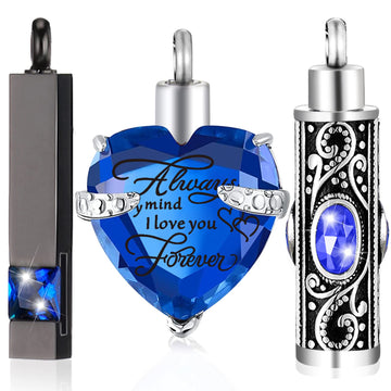 MTLEE 3 Pieces Cremation Urn Necklace for Ashes Vertical Bar Zircon, Heart Crystal Necklace Urn Stainless Steel Waterproof Memorial Pendant(Blue Zircon)