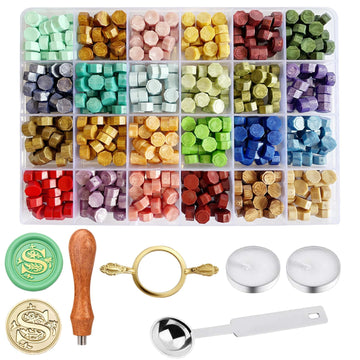 KKJCXY Wax Seal Stamp Kit, 24 Colors Wax Beads, Letter Stamp & Spoon (S)