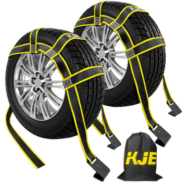KJE 2 Pack Reflective Tow Dolly Straps Heavy Duty,Car Tow Dolly Basket Straps with Flat Hook, 10,000 lbs Breaking Strength, Fits 14"-19" Tires Wheels for Car Hauler Trailer